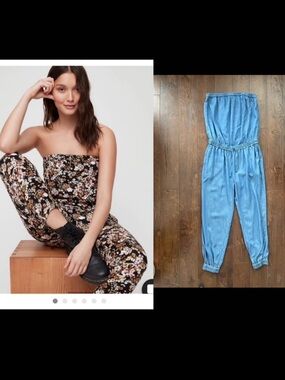 Aritzia Medium Talula Stretchy Soft Denim Strapless Jumpsuit. Pockets.